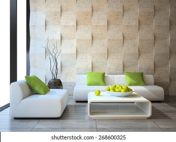 Modern Interior With Concrete Wall Panels 3D Rendering