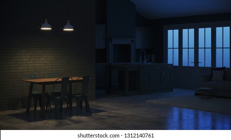 Modern Interior Of A Country House. Interior With Dark Green Kitchen And Green Brick Walls. Night. Evening Lighting. 3D Rendering.