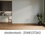 Modern interior design of apartment, dining room with table and chairs, empty living room with green tones wall, panorama. 3d Rendering