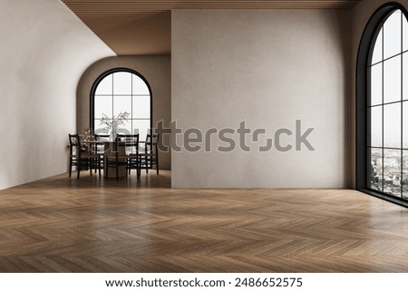 Modern interior design of apartment, dining room with table and chairs, empty living room with beige wall, panorama.