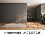 Modern interior design of apartment, dinning area, empty living room with black wall, panorama. 3d Rendering