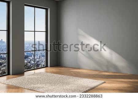 Modern interior design of apartment, , empty living room with blue tones wall, panorama. 3d rendering	
