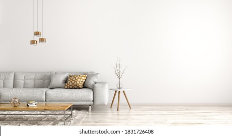 Modern interior design of apartment, living room with grey sofa, and coffee table against white wall 3d rendering
