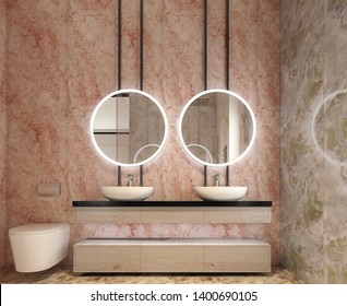 Modern interior design of bathroom vanity, all walls made of stone slabs with circle mirrors, minimalistic and clean concept, 3d rendering