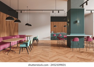 Modern interior design of a cafe with pink and teal chairs, wooden elements, herringbone flooring, and pendant lighting on a bright background, concept of dining space. 3D Rendering - Powered by Shutterstock