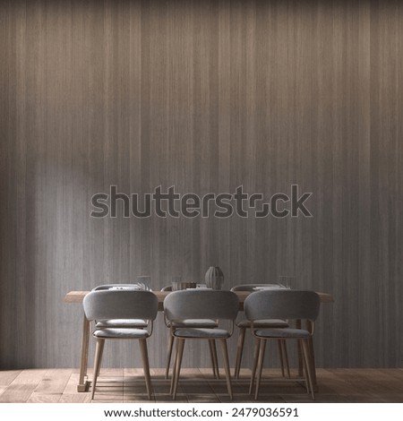 The modern interior design concept of dining room and wooden wall background. 3d redering.
