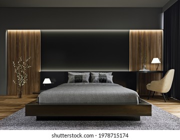 Modern interior design of dark black luxurious bedroom with wood slat wall and accent lighting, mock-up, 3d rendering