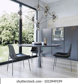 Modern interior design dining room, kitchen, garden view, 3d rendering, 3d illustration