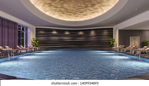 Modern Interior Design Of Indoor Swimming Pool With Pool Beds, Night Scene, Hotel Resort, Spa, High Contrast, Dark, 3d Illustration, 3d Rendering