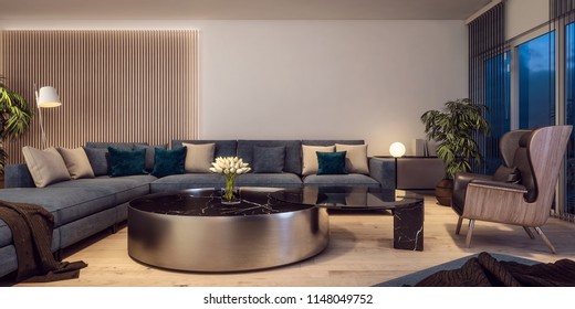 Modern Interior Design Of Italian Style Living Room, Contemporary, Luxury, Night Scene, 3d Rendering, 3d Illustration