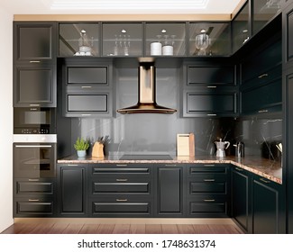 Modern Interior Design Kitchen With Black Marble, Black Cabinets, Dark Gold Trim And Granite Countertop, 3d Render, 3d Illustration