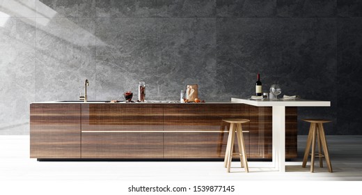 Modern Interior Design Kitchen, Dark Tone Stone Slab Wall With Bright Floor, High Contrast, 3d Render, 3d Illustration