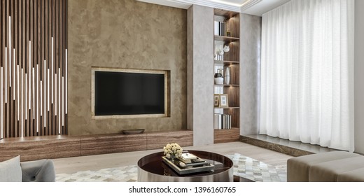 Modern Interior Design Of Living Room,  Angled Close Up View Of Tv Wall With Book Shelves, Stucco Plaster, Wooden Flooring, 3d Rendering