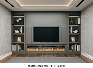 Modern Interior Design Of Living Room In Basement, Close Up View Of Tv Wall With Book Shelves, Stucco Plaster, Wooden Flooring, 3d Rendering