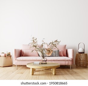 Modern interior design of living room with pink sofa, dry plants decoration and empty white mock up wall background 3D Rendering, 3D Illustration