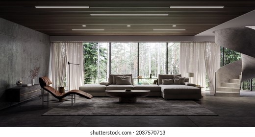 Modern interior design of living room with concrete staircase and beautiful nature view 3D Rendering, 3D Illustration