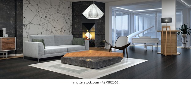 Modern interior design of living room 3D illustration, 3D rendering