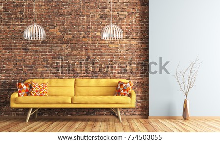brick living room furniture. h modern interior design of living room with yellow sofa and lamps over brick wall 3d rendering brick living room furniture. h modern interior design of living room with yellow sofa and lamps over brick wall 3d rendering
