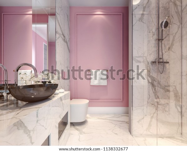 Modern interior design of millennial pink\
bathroom, 3d illustration, 3d\
rendering