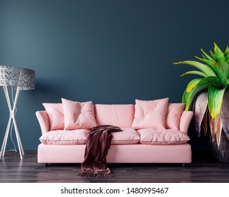 Modern Interior Design With Pink Sofa And Dark Green Wall 3D Rendering, 3D Illustration