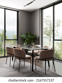 Modern Interior Design Of Room With Table And Pink Chairs, Wooden Floor And Gray Decorative Plaster Wall, Cafe, Restaurant Concept, Dinning Room Interior Background, 3d Rendering