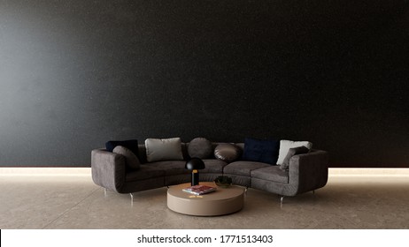 Modern interior design, rounded sofa and coffee table with lamp in front of the black marble empty mockup wall, 3D illustration background concept
