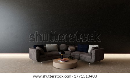 Modern interior design, rounded sofa and coffee table with lamp in front of the black marble empty mockup wall, 3D illustration background concept