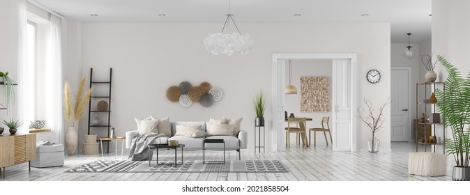 Modern interior design of scandinavian apartment, living room with white sofa, dining room and hall. Home design. Panorama 3d rendering