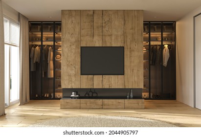 Modern interior design wardrobe room with decorative lighting and bedroom. Wooden tv wall. 3d render illustration.