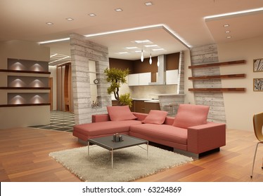 Modern Interior Of A Drawing Room In Light Tones With A Kind On Kitchen. 3d Render