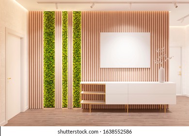 Modern Interior In Eco Style With A Blank Horizontal Poster On A Wooden Wall, Backlit Moss, A Vase With A Lunar On A White Pedestal And Two Doors. Front View. 3d Render