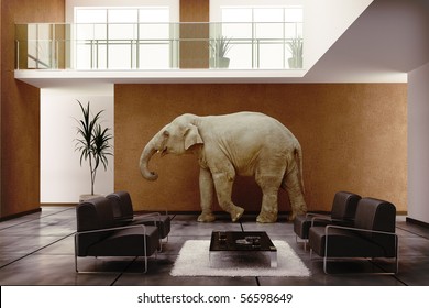 modern interior with elephant inside (3D rendering)