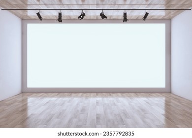 Modern interior with empty white mock up screen, lamps and wooden parquet flooring. Presentation room concept. 3D Rendering