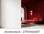 Modern interior with empty white wall for poster mockup, red lounge furniture, soft lighting, curved shapes, clean background. 3D Rendering