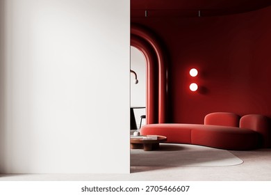 Modern interior with empty white wall for poster mockup, red lounge furniture, soft lighting, curved shapes, clean background. 3D Rendering