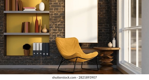 Modern interior featuring a cozy reading corner with a yellow lounge chair, decorative shelving, brick wall, natural sunlight and minimalist home decor. Ideal for living room, lounge, interior design and architectural visualization concepts.