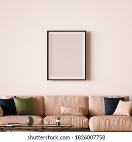 Modern Interior Frame Mockup With Designer Sofa Close Up. Empty Frame Mockup On The Wall Is The Best For Art And Print Showcase Mockups. 3D Rendering