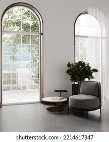 Modern Interior Have Big Arch Window With Garden View And Stylish Chair, 3d Rendering