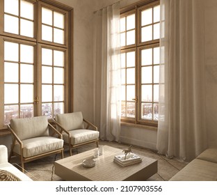 Modern Interior Japandi Style Design Livingroom. Lighting And Sunny Apartment With Large Windows And View Cityscape. 3d Render Illustration.