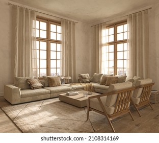 Modern Interior Japandi Style Design Livingroom. Lighting And Sunny Apartment With Large Windows And View Cityscape. 3d Render Illustration.