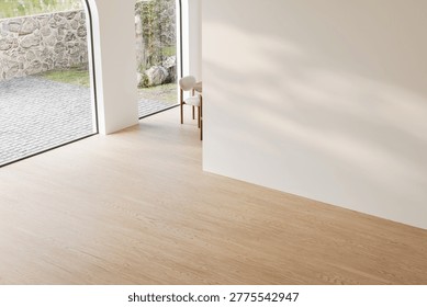 Modern interior with a large blank wall mockup, light wood floor, and soft natural shadows in a minimalist open-plan home setting. 3d render