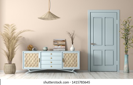 Modern interior of living room with blue door and dresser, home design, 3d rendering