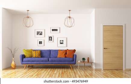 Modern interior of living room with blue sofa and door 3d rendering