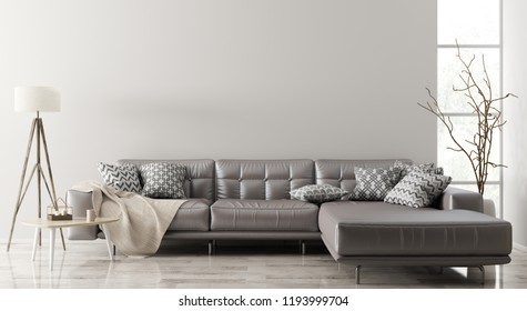 Modern Interior Of Living Room With Brown Leather Corner Sofa, Coffee Table,floor Lamp 3d Rendering