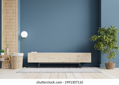 Modern interior of living room with cabinet for tv on dark blue wall background,3d rendering