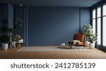 Modern interior of living room with leather armchair on wood flooring and dark blue wall- 3D rendering