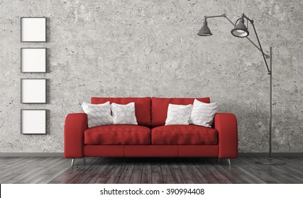 Modern Interior Of Living Room With Red Sofa, Floor Lamp Against Of Concrete Wall 3d Render