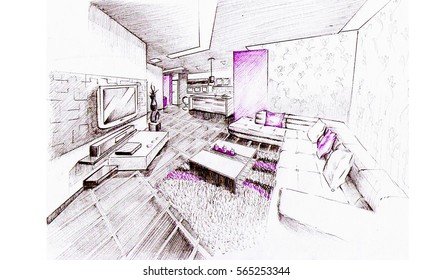 Modern Interior Living Room Is Sketch With Black And Purple Pen On The Paper. Interior  Is Created With A Flair For Detail And Has Unique Space For Living.