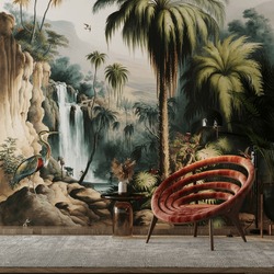 Modern Interior Living Room Wallpaper With Wallpaper Of A Forest With Waterfall, Trees, Palms, Birds And Egrets In Vintage Painting Style With Bean Chair, Table And Wall Lights - 3D Rendering