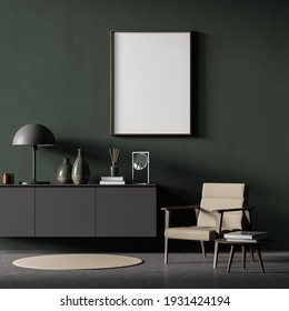 Modernes Wohnzimmer mit Holzschrank und Sessel. Lampe, Vasen. Schauen Sie auf die Wand ein Plakatbild. 3D-Rendering